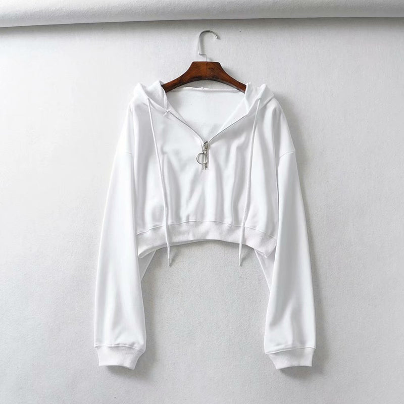Women Hoodie Half Loose Zip Idle Style Short