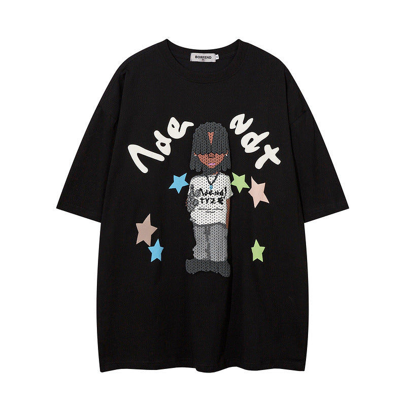 Men T-Shirt Retro Cartoon Puff Print Oversize