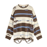 Men Sweater Hip Hop Striped Ripped Crocheted Crew Neck Sweater