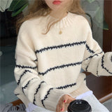 Women Pullover Sweater Vintage Stripe Loose Knit Shirt