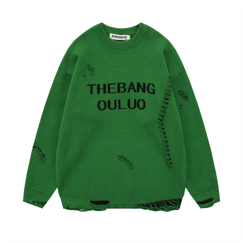 Men Sweater Crocheted Ripped Jacquard Crew Neck Sweater