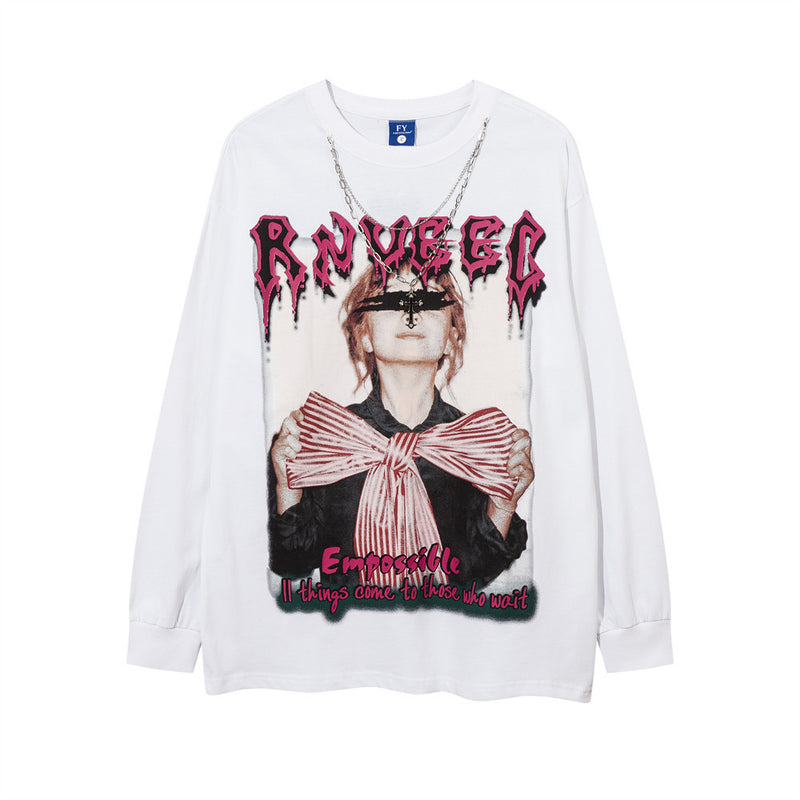 Men Long Sleeve T-Shirt Rapper Printed Chain Decorative Hip Hop