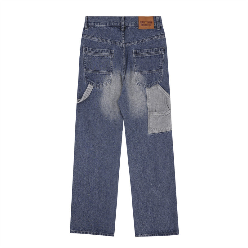 Men Jeans Color Contrast Patchwork Loose White Pleated