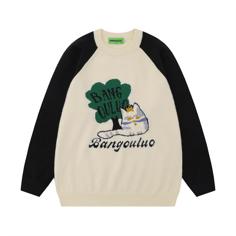 Men Sweater Cartoon Cat Jacquard Shoulder Sleeve Knitted Sweater