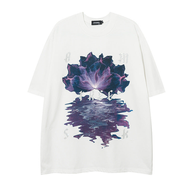Men T-Shirt Diamond-Embedded Creative Printing Loose