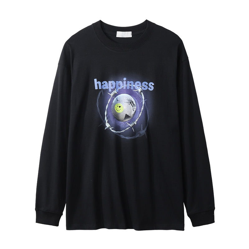 Men Long Sleeve T-Shirt Creative Science Fiction Smiley Face Printing Loose Casual