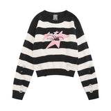 Women Sweater Color Stripe Hole Star Spider Embroidery