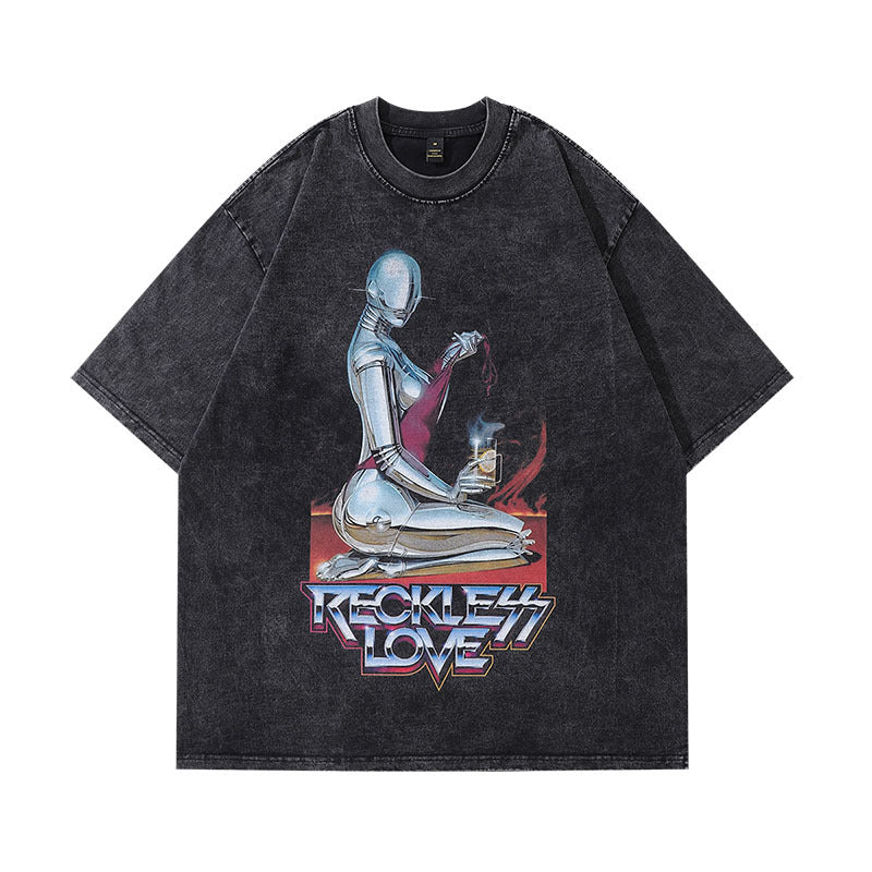 Men T-Shirt Vintage Printed Oversize Distressed Heavy Weight