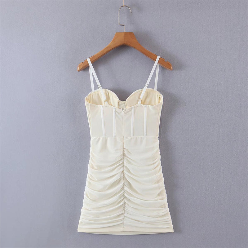 Women Dresses Mesh Pleats Fashion Suspenders Dress