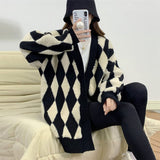 Women Knitted Diamond Pattern Knitted Loose Sweater