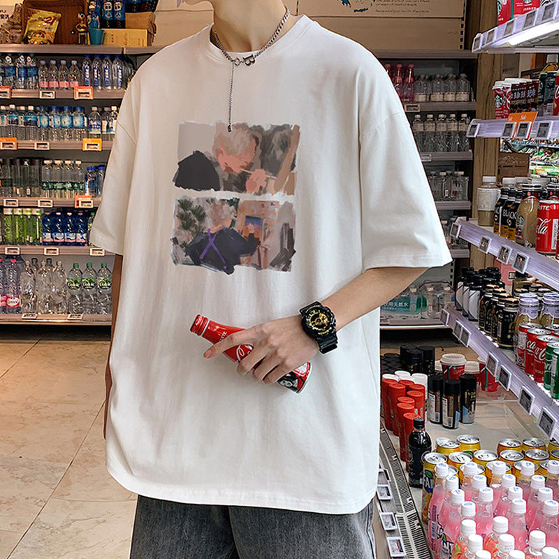 Men T Shirt Loose All-Match Cartoon Printed Casual