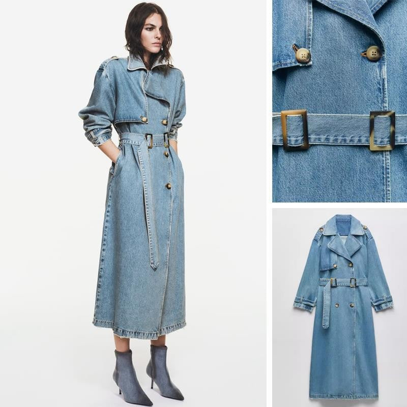 Women Trench Coat Loose Waistband Denim Trench Coat