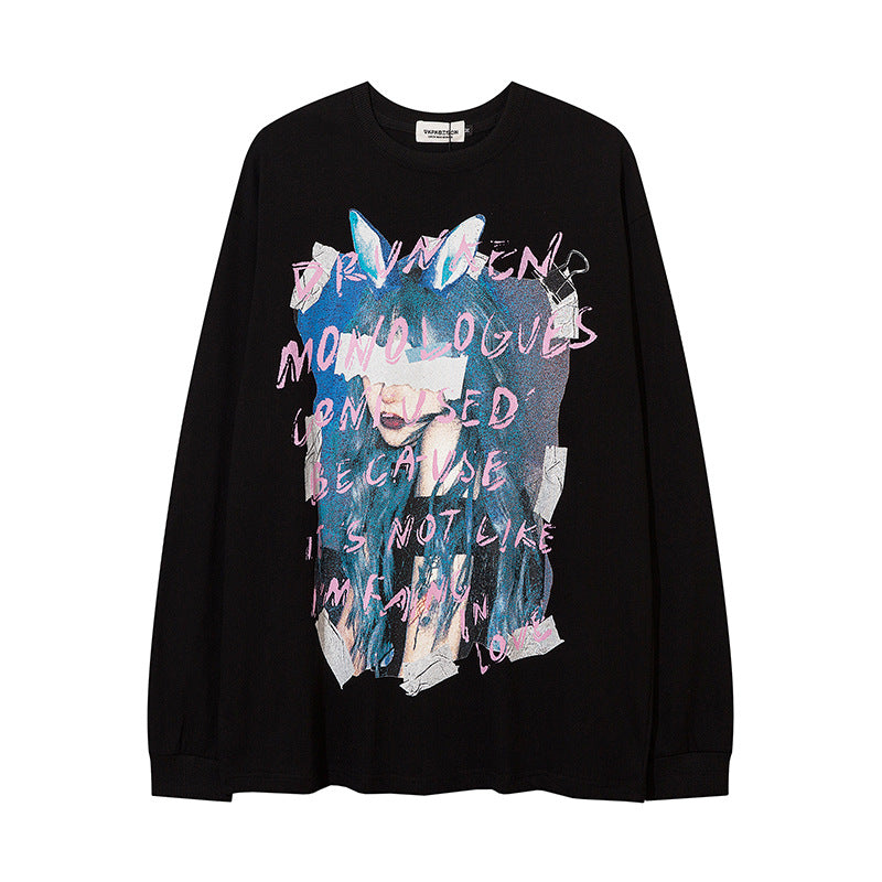 Men Long Sleeve T-Shirt Anime Oil Painting Printing Loose round Neck
