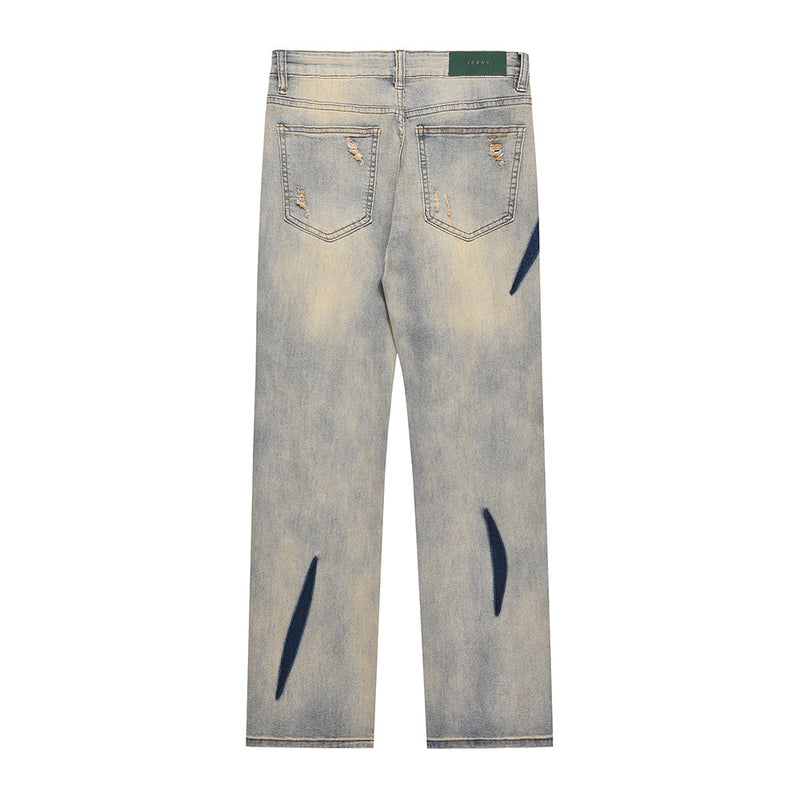Men Jeans Color Matching Stitching Ripped Jeans Men's High Street Hip Hop Vintage Loose Wash Distressed Straight Long Pants