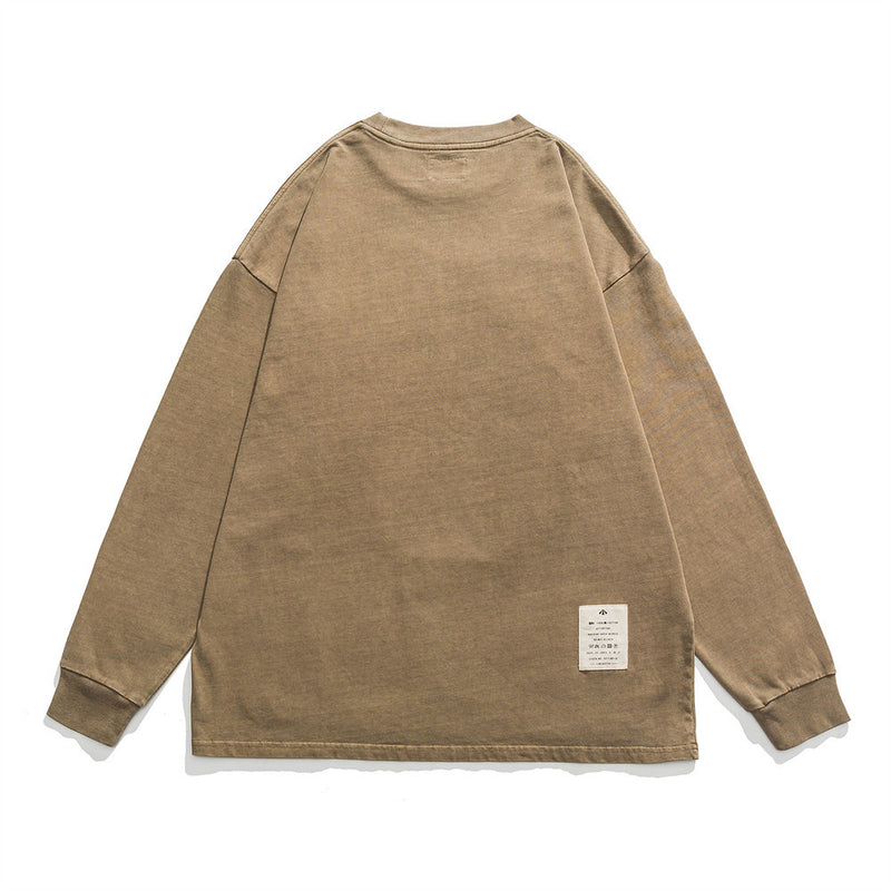 Men Long Sleeve T-Shirt Heavy Distressed Double Bag Decoration