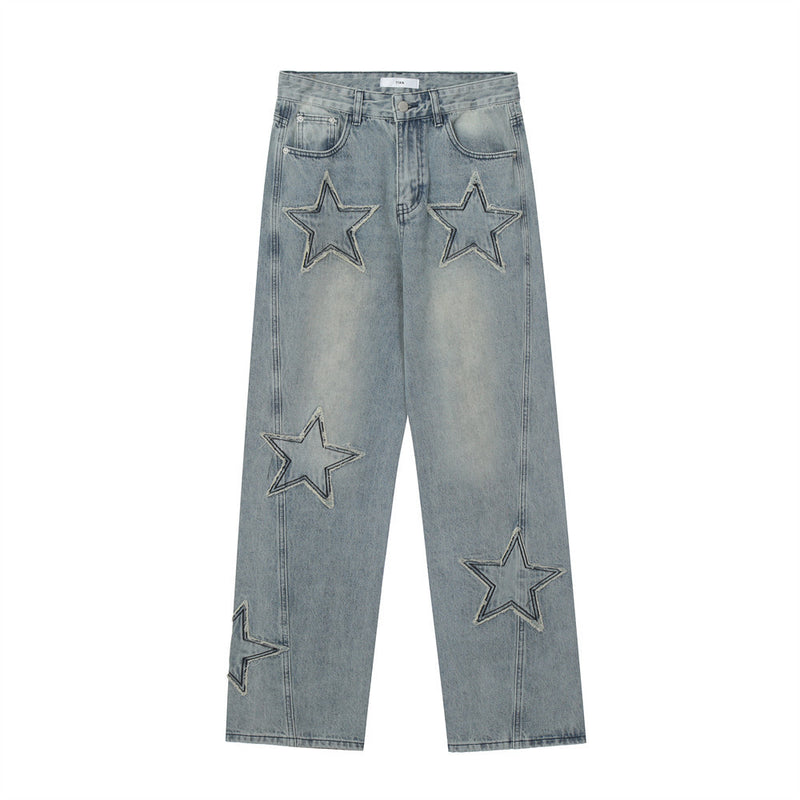 Men Jeans Patch Five-Pointed Star Distressed Casual