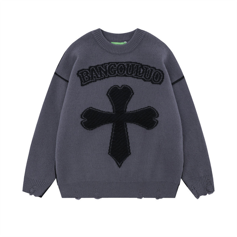 Men Sweater Cross Ripped Knitted Sweater