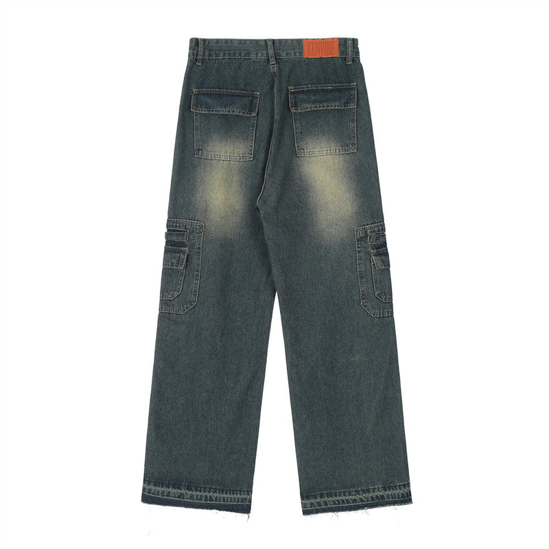 Men Jeans Retro Overalls Multi-Pocket Loose Raw Hem