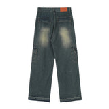 Men Jeans Retro Overalls Multi-Pocket Loose Raw Hem