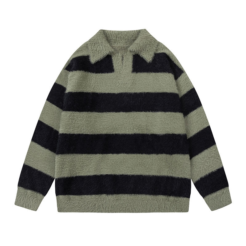 Women Sweater Autumn and Winter Striped Lapel Knitted