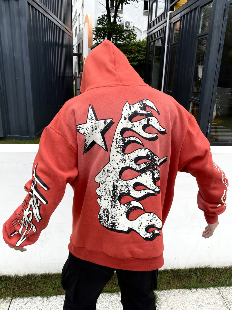HS Hoodie Retro Distressed Graffiti Loose Fleece-lined