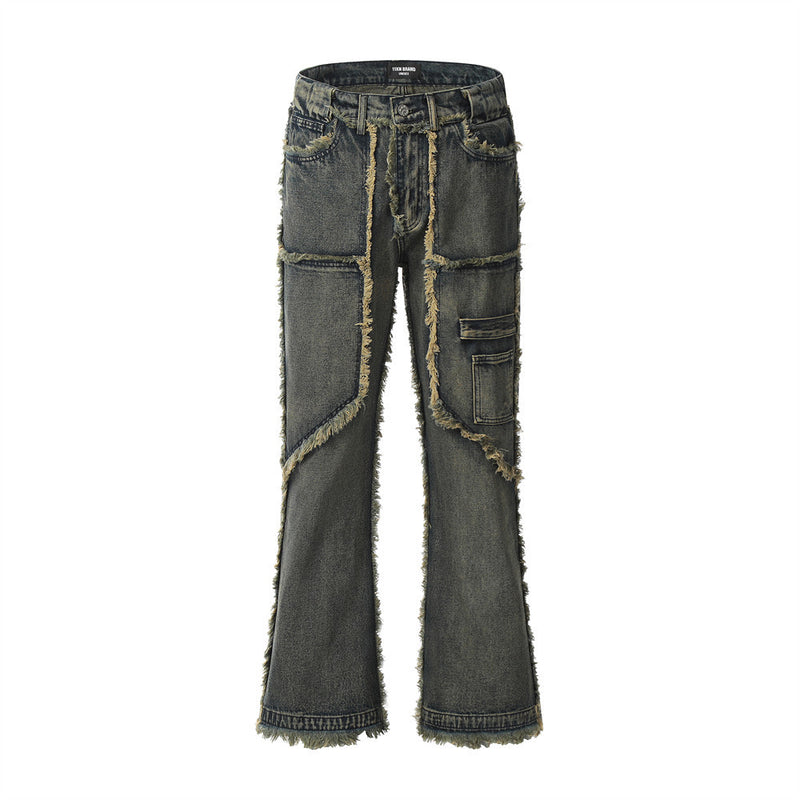Men Jeans Raw Edge Stitching Distressed Color Fading Loose Flared Pants