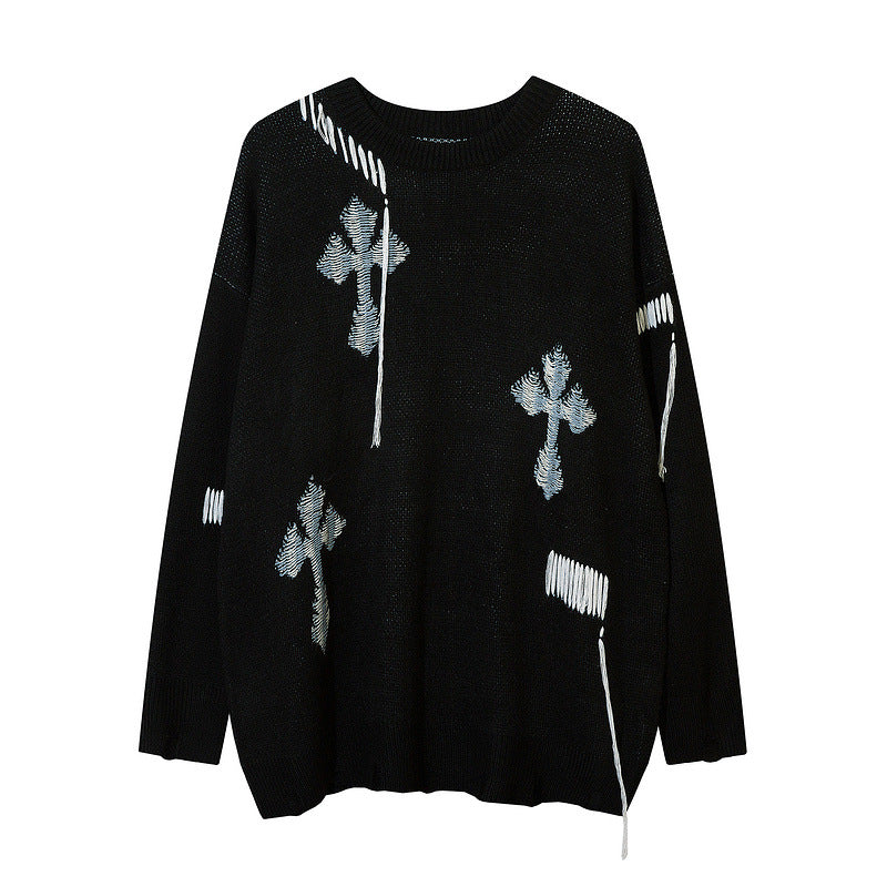 Women Sweater Frayed Cross Sweater Vintage Sweater