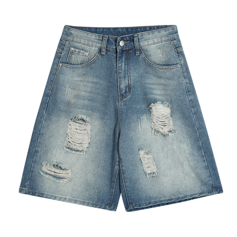Men Shorts Ripped Denim Retro Worn Loose