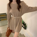 Women Pullover Sweater with Belt Long Knitted Sweater