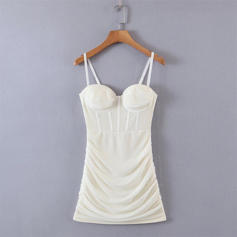 Women Dresses Mesh Pleats Fashion Suspenders Dress