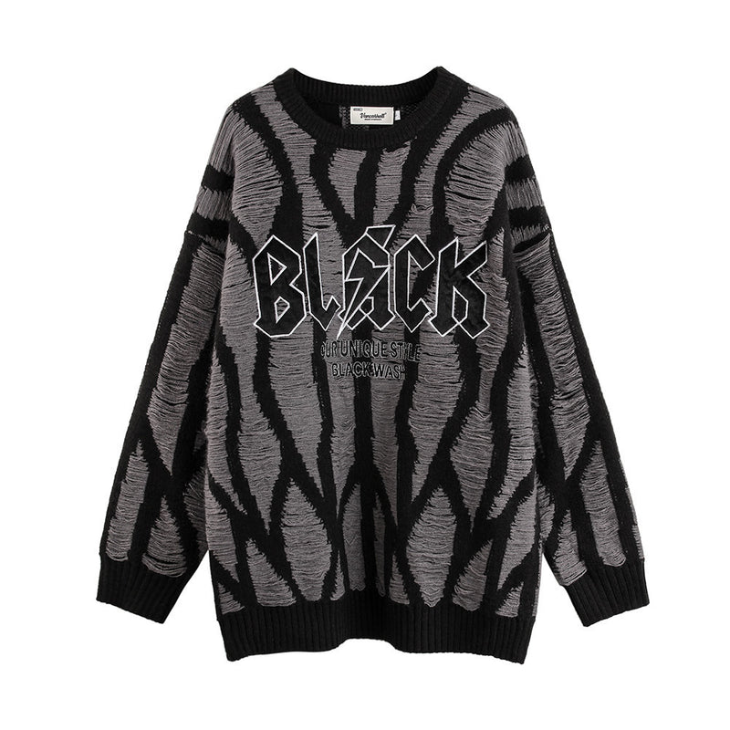 Men Sweater Striped Crocheted Ripped Crew Neck Sweater