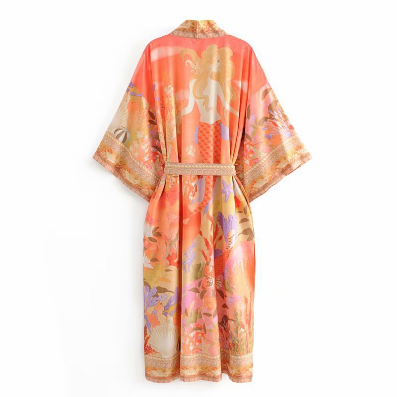 Women Trench Coat Mermaid Print Robe Cardigan Dress
