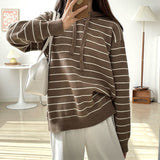 Women Pullover Sweater Preppy Style Striped Hooded Sweater