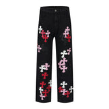 Men Jeans Cross Leather Embroidered Hip Hop