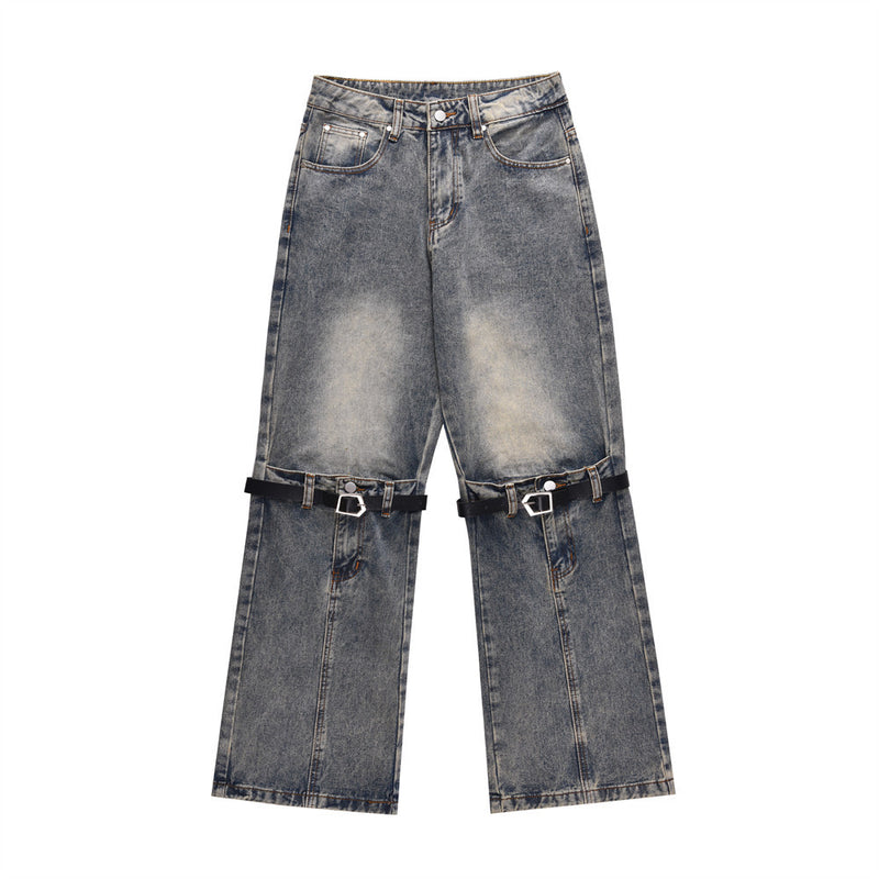 Men Jeans Punk Distressed Line Stitching