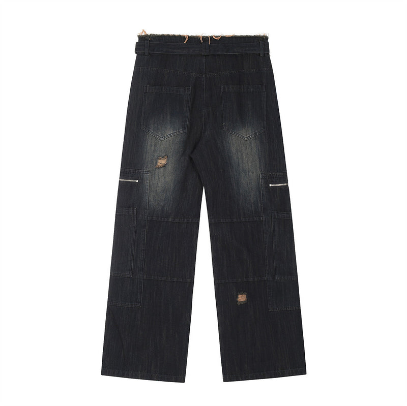 Men Jeans Ripped Stitching Workwear Loose