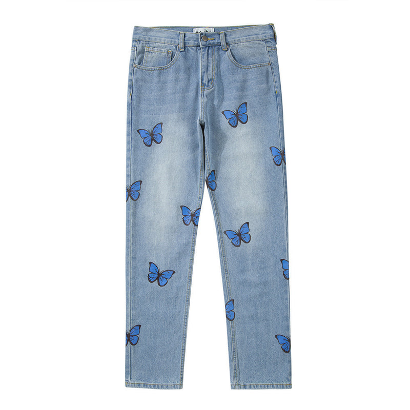 Men Jeans Butterfly Print Loose Trendy Casual
