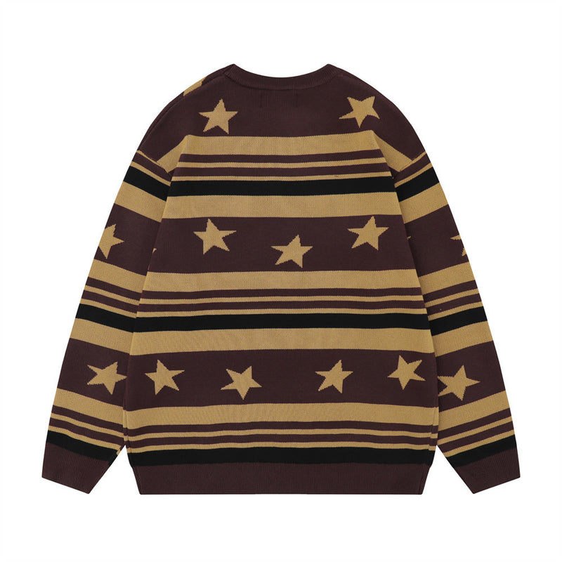 Men Sweater Star Stripes Jacquard Crew Neck Sweater