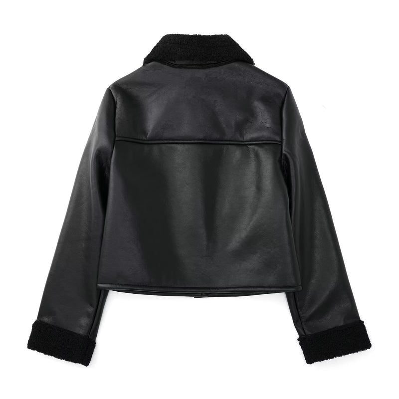 Women Cotton Coat Casual Loose Fleece-lined Imitation Leather Jacket