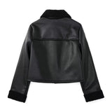 Women Cotton Coat Casual Loose Fleece-lined Imitation Leather Jacket