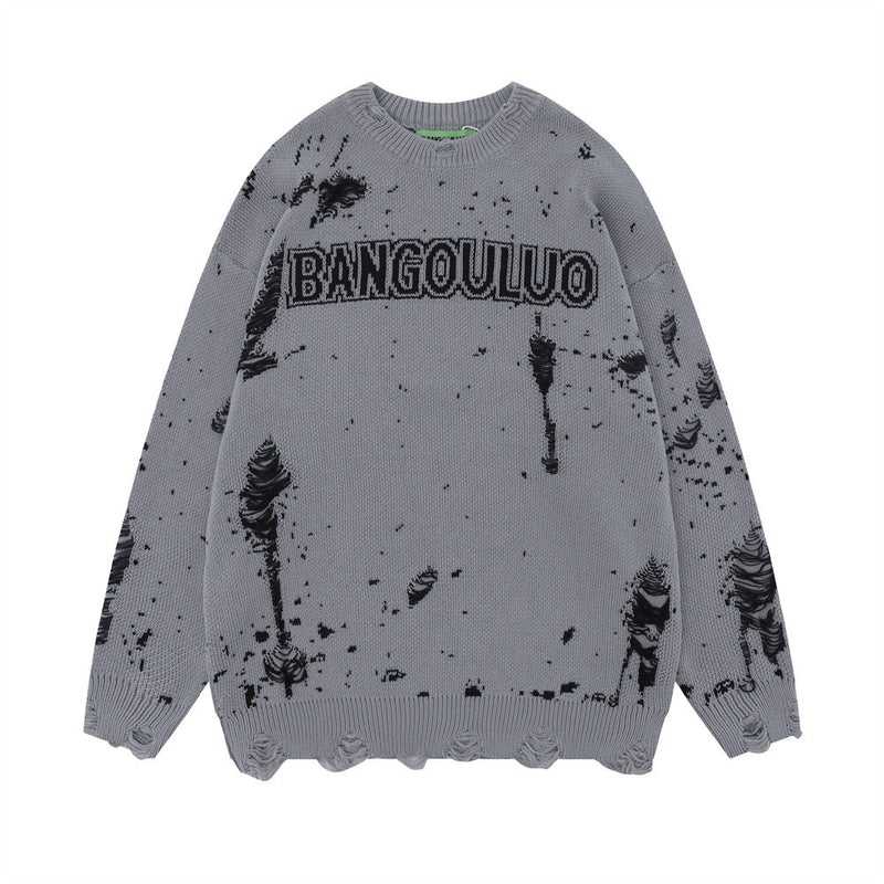 Men Sweater Splash-Ink Jacquard Ripped Crocheted Sweater