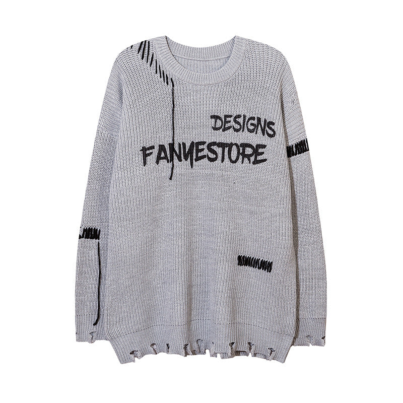 Men Sweater Skull Skeleton Printed round Neck Sweater Ripped