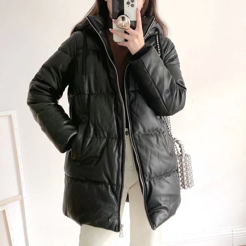 Women Cotton Coat Warm-Keeping and Cold-Proof PU Leather Jacket