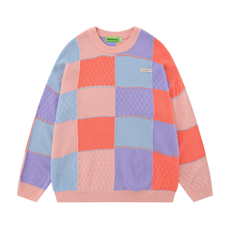 Men Sweater Stitching Plaid Crew Neck Wool Loose