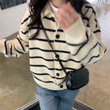 Women Knitted Cardigan Retro Casual Loose Striped Sweater