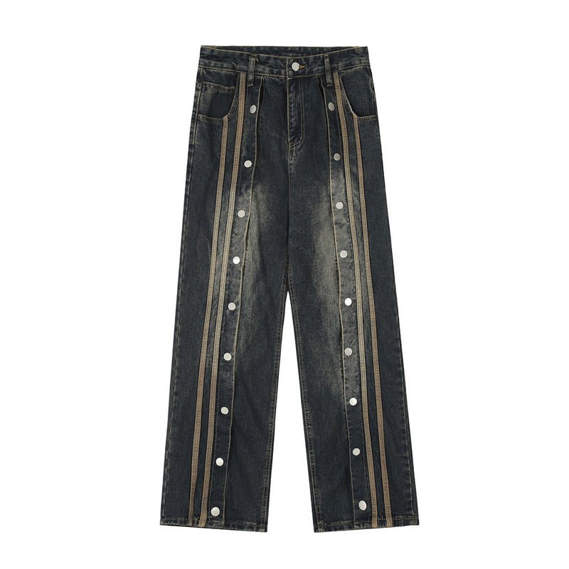 Men Jeans Trendy Fashion Breasted Patchwork Stripes Loose