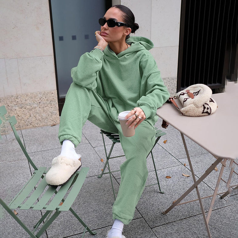 Women Co-Ords Green Short Top Hooded Sweater Autumn and Winter Sports Suit