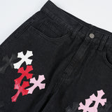 Men Jeans Cross Leather Embroidered Hip Hop