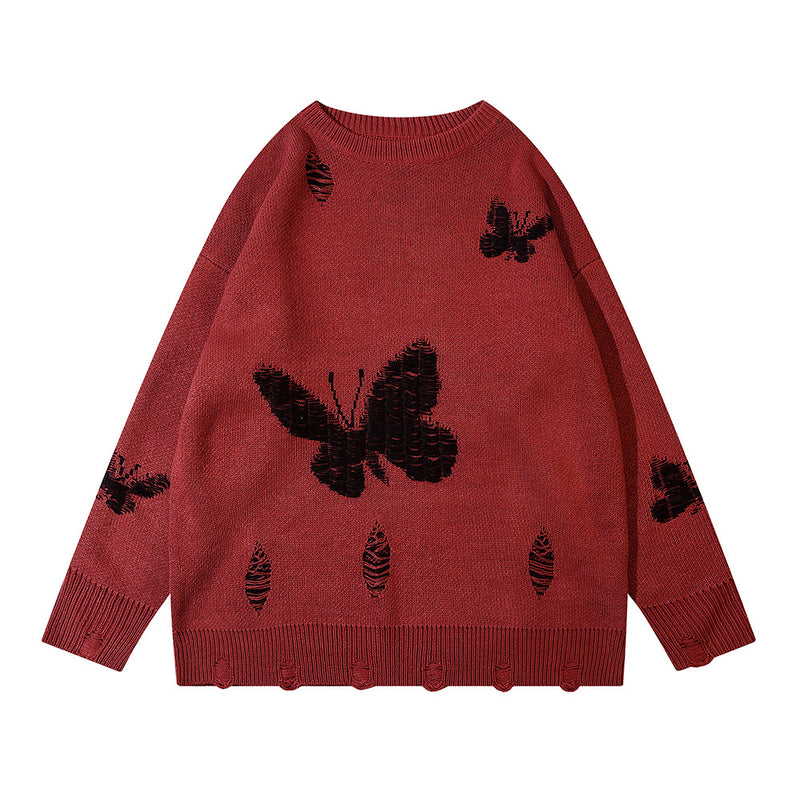Men Sweater Jacquard Butterfly Sweater Crocheted Ripped