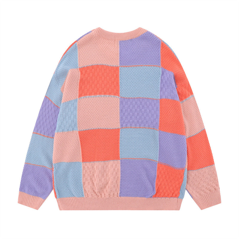 Men Sweater Stitching Plaid Crew Neck Wool Loose